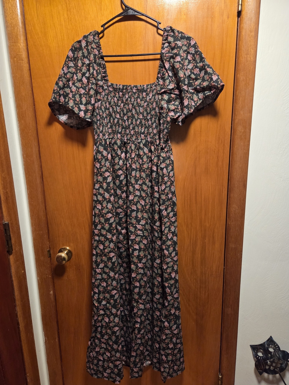 Smocked Square-Neck Maxi Dress in Green with Pink Floral Print